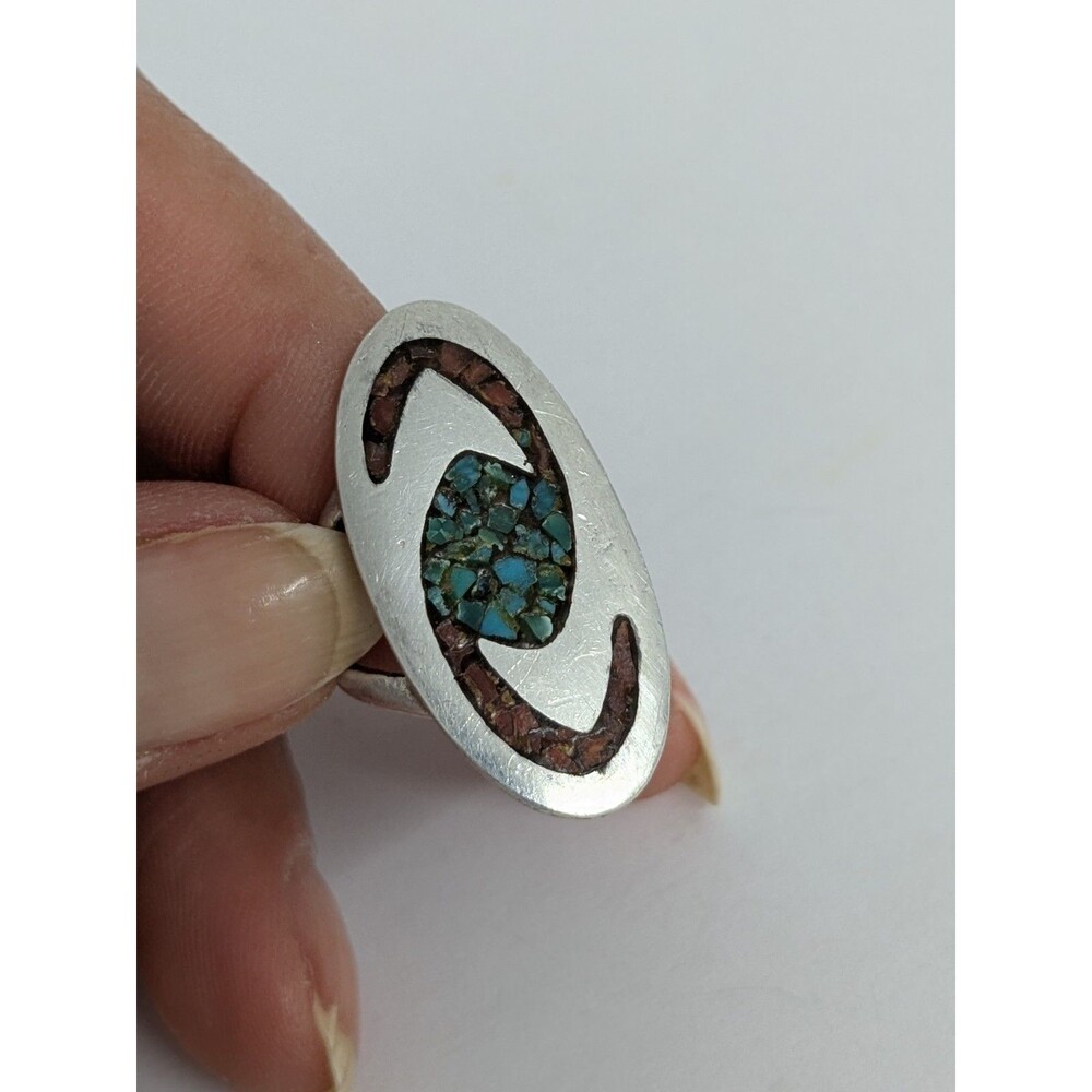 Vintage Sterling Silver Navajo Old Turquoise & Coral Chip Inlay Ring Size 5